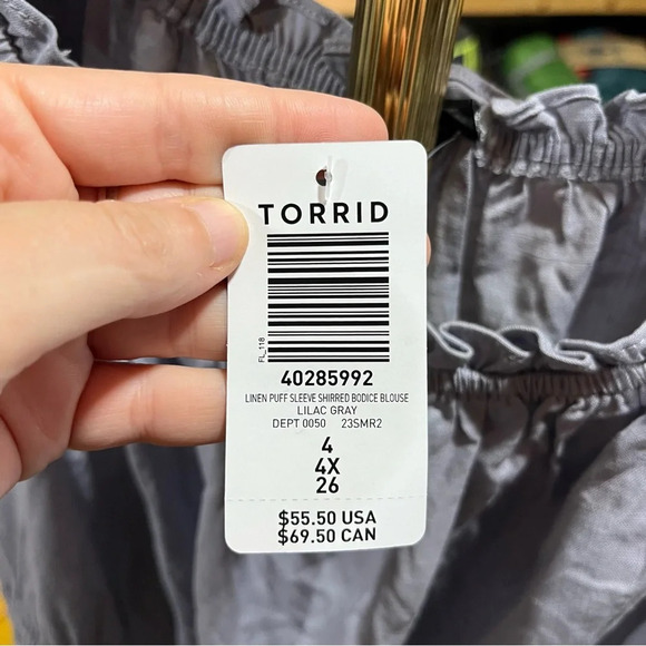 TORRID ~ Grey Peasant Top with Smocked Middle and Puff Sleeves Linen Blend - Picture 9 of 11